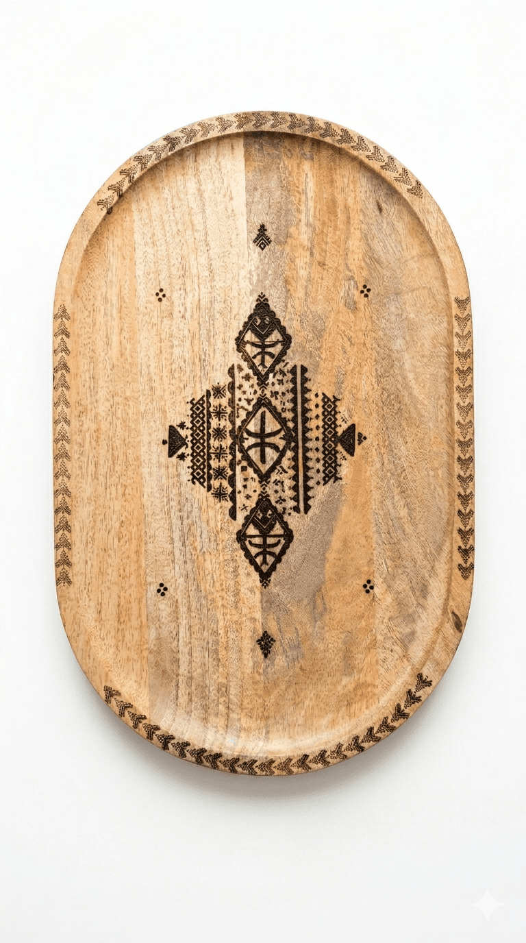 Plateau Décoratif en Bois de Manguier sur Pieds – Symboles Amazighs — visuel 4