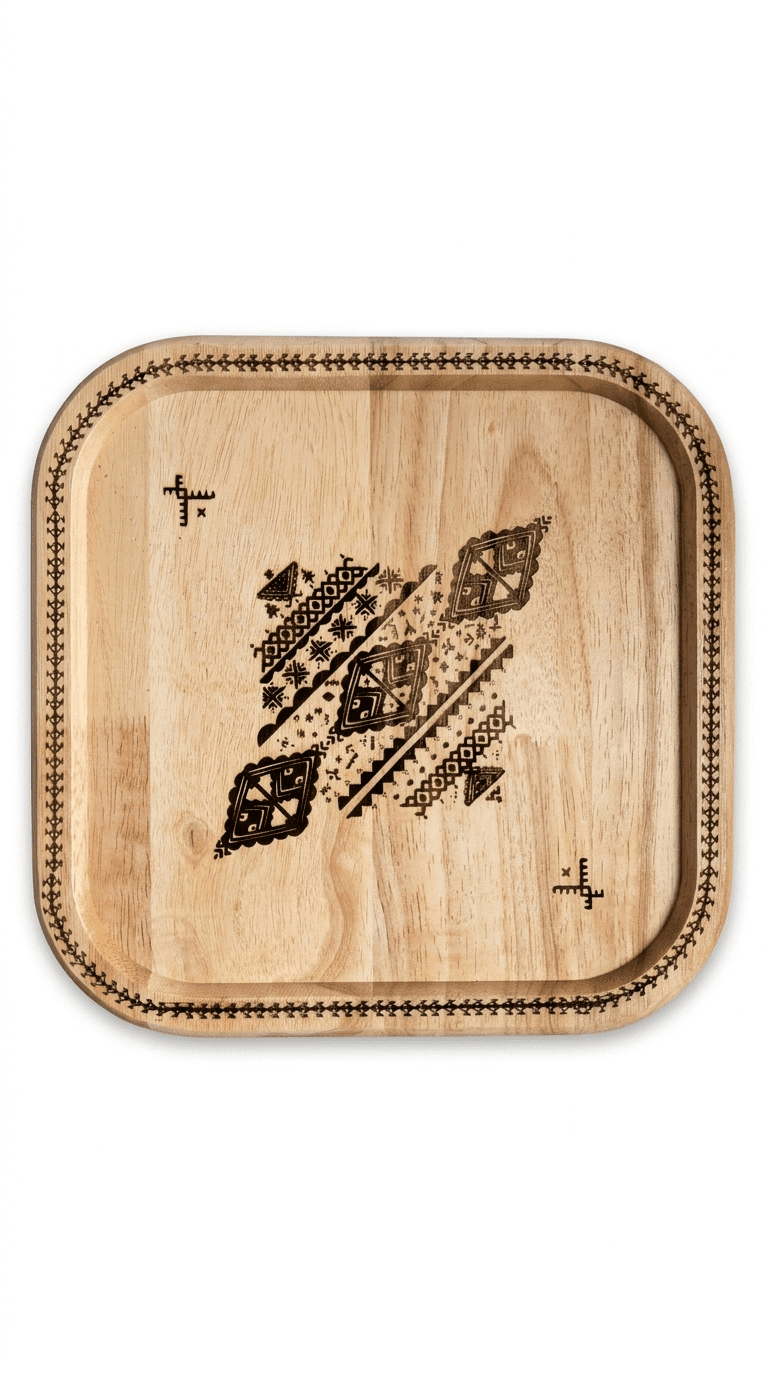 Plateau Décoratif Carré en Bois FSC® – Motif Losange Amazigh Gravé — visuel 1
